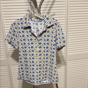 J. McLaughlin Blue and Creme Short Sleeve Button Down Shirt, New With Tags